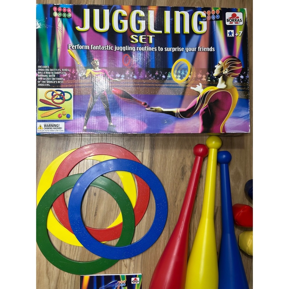 VTG Borras Juggling Set Skittles Rings Balls Manual 7+ W/ Box RARE COMPLETE Toy - Picture 2 of 11